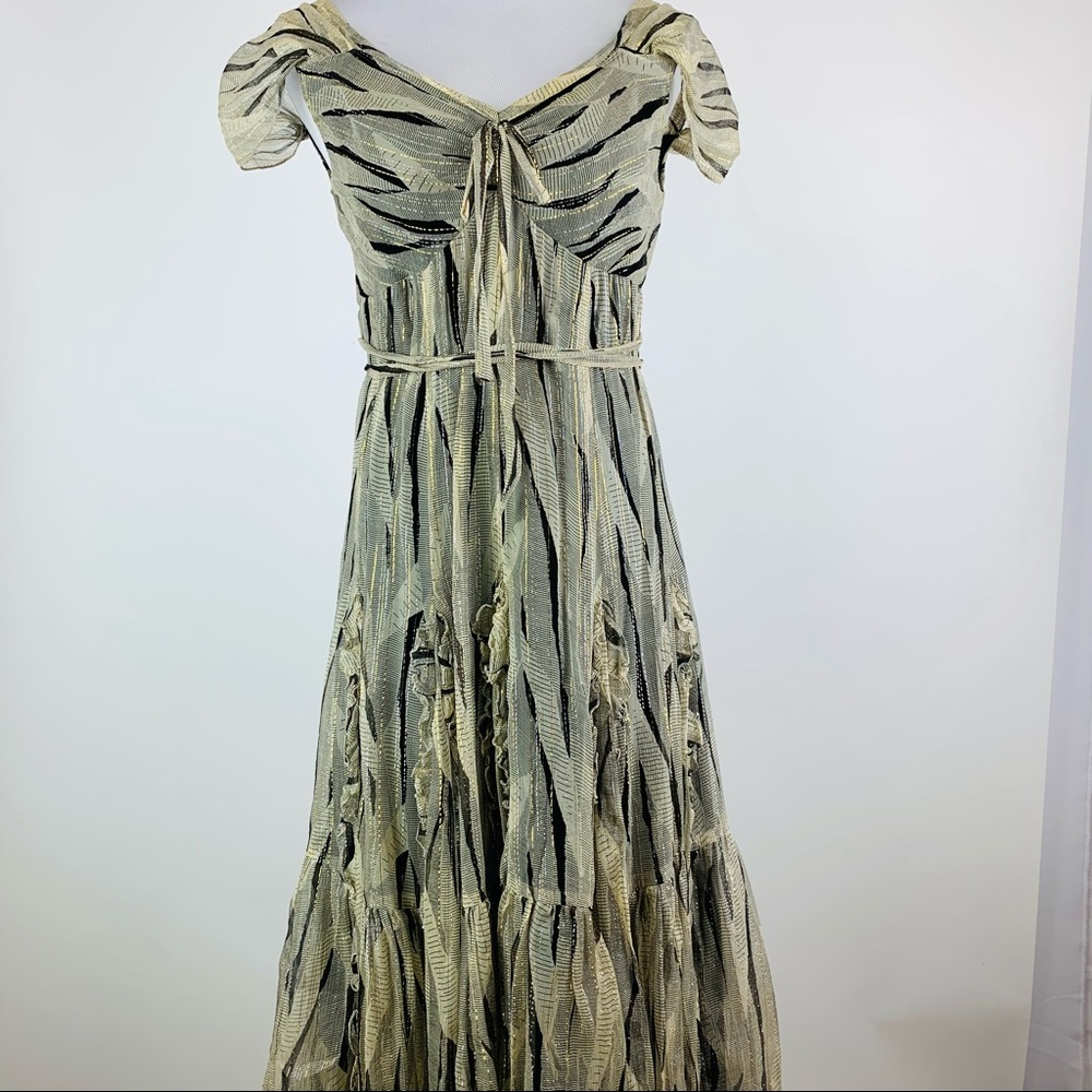 Anna Sui Silk Striped Metallic Ruffle Dress Sz 4